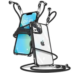 iPhone13 mini ケース クリア ショルダー iPhone13mini スマホケース アイフォン13mini カバー 肩掛け 斜めかけ 縄掛けケース 透明 薄型 軽量 TPU 携帯ケース 紐付き 斜めがけ 織りストラップ付き 長さ調整可能 取り外し可