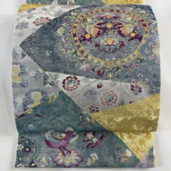 袋帯 美品 名品 証紙 連珠文 草花 金糸 箔 青灰色 お太鼓柄 正絹 【中古】