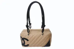 極美品 CHANEL シャネル ポーチ ハンドバッグ カンボンライン ココマーク 9番台 ラムスキン ベージュ ブラック 中古 4b001735