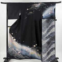 訪問着 身丈159.5cm 裄丈67.5cm L 袷 袋帯セット 桜 流水 銀通し 絞り 黒 正絹 名品 【中古】