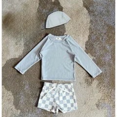 ☆ ブロック×ライトグレー ☆ 110cm ☆ ベビー キッズ 水着 セパレート 帽子付き UVカット gsw6041 子供 水着 男の子 ラッシュガード スイムウェア 長袖 上着 ベビー水着 おしゃれ 短パン 半ズボン トランクス セパレート 紫外線対策