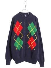 【お得なクーポン配布中!】 90s イギリス製 オールド ギャップ モックネック デザイン ニット セーター メンズ L / 長袖ニット コットン アーガイル ヘビーウェイト 紺