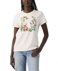 【送料無料】 リーバイス レディース シャツ トップス Women's Perfect Graphic Logo Cotton T-shirt Rose Garden Bw Art Option 2 Egret