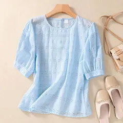 ブラウス 半袖 レディース カットソー パフスリーブ クルーネック 透け感 トップス 白ブラウス ベーシック シンプル ゆったり 大きいサイズ カジュアル 夏服 可愛い きれいめ エレガント 春 夏yiren05