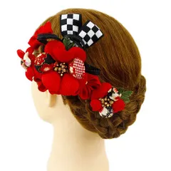 髪飾り 成人式 つまみ細工 赤 振袖 前撮り 袴 花 2点セット リボン ちりめん 組紐 格子 和柄 かんざし 卒業式 髪型 ヘアスタイ No.9-3322