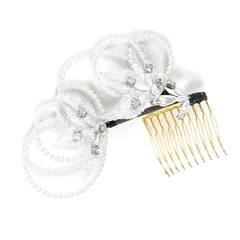 髪飾り コーム型 ラインストーン パール シルバー 白 キラキラ ラメ リーフ 葉 丸 円 サークル 小さい かんざし かわいい 粋 No.9-3370