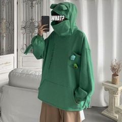韓国 メンズ レディース かえる フード パーカー オーバーサイズ グリーン