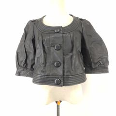 美品★DENDROBIUM【デンドロビウム】五分袖 ノーカラーレザージャケット【38/レディースM/黒/black】アウター/ブルゾン/Jacket◆BJ007-c