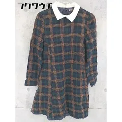 ◇ one after another NICE CLAUP チェック スカラップ 長袖 膝丈 ワンピース サイズF ネイビー系 ブラウン系 レディース 【1102180002139】