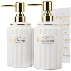【新品】 SOOKDEO ソープディスペンサー - 400mlセラミックボトル、ゴールドポンプ＆防水ラベル付き、シャンプー、ハンドソープ、ディッシュソープ、ローション、ボディウォッシュ用 - バスルーム、キッチン、リビングルームに最適、2個セット (ホワイ