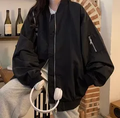 MA-1 ジャケット メンズ レディース ユニセックス ブラック ブルゾン ミリタリージャケット ストリート 韓国ファッション バックロゴ オーバーサイズ 体型カバー 秋冬 ジップアップ アウター シンプル カジュアル [1187]