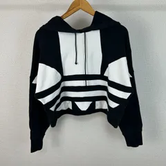 adidas originals アディダスオリジナルス パーカー トレフォイルロゴプリント デカロゴ 黒 Lサイズ レディース 古着 ストリート オーバーサイズ ショート丈