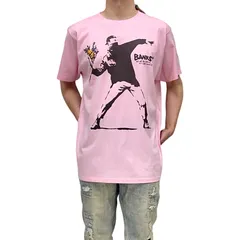 オリジナル Tシャツ ビッグプリント BANKSY バンクシー 花束 火炎瓶 投げ フラワーボンバー FlowerThrower ピンク 2XL(3L) 3XL(4L) 4XL(5L) 5XL(6L) 大きい ワイド フィット オーバー サイズ ユニセックス