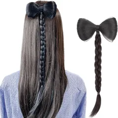 ルスブリラーレ (Luce brillare) 髪飾り リボン ポニーテール クリップ ヘアクリップ 巻き髪 シニヨン つけ毛 部分ウィッグ ポイントウィッグ 簡単装着 人工毛 七五三 浴衣 着物 和装 入園(ナチュラルブラック,  三つ編み)