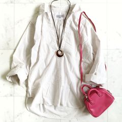 美品【MARGARET HOWELLマーガレットハウエル】スキッパーシャツ Ⅱ Mサイズ相当 ベージュ×白 ストライプ  Vネック ブラウス