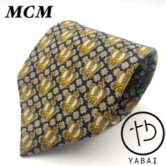 MCM エムシーエム　ネクタイ　紺色 ネイビー 黄色 イエロー 王冠 総柄　シルク100% イタリア製