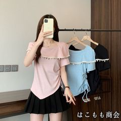 【美品・未使用新品】半袖です着痩せ フレンチ アシンメトリック フリンジ ブラウス トップス