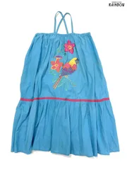 古着 オウム柄 バッククロス 刺繍 アニマル コットン 膝丈 キャミソール ティアード ワンピース 青 水色 (otu2504304)