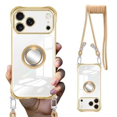 iPhone 17 Pro Max クリアケース リング&スタンド TPU ショルダーストラップ 落下防止（ゴールド）