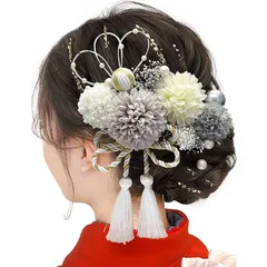[JZOON] 成人式 髪飾り【12色展開】 ピンポンマム 紐 ドライフラワー 七五三 浴衣 袴 着物 飾り 振袖 和装 卒業式 結婚式 水引 かすみ草 造花 手作りかわいい 灰色 F3713