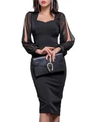 [ISLAYCAOLILA] キャバドレス ミニドレス クラブドレス パーティードレス ワンピース タイト ミディ シースルー スリット スリーブ スクエアネック シアー 長袖 ひざ丈 バックスリット レディース C52 ノア (ブラック,L)