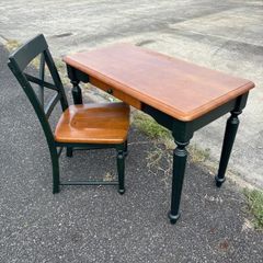 【🌲木製ろくろ脚学習机】全国家具工業連合会　昭和レトロ　デスク　センターテーブル　机　カントリー　インテリア　PCデスク　勉強机　家具　アンティーク調　ウッド　緑　茶色　ブラウン　ダークグリーン　引き出し付き　勉強机　年代物【倉庫前引き取り値下げあり‼️】
