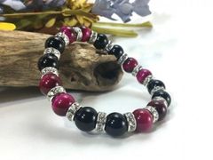 ピンクタイガーアイ&オニキス パワーストーン ブレスレット 天然石 10mm （シルバー）メンズ・レディース　男性・女性　数珠ブレス　開運 [17]