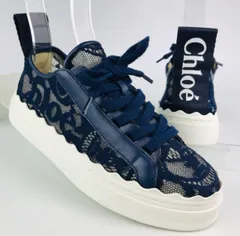 美品★Chloe・クロエ  Laurenレディース レース編みメッシュデザイン アイコンロゴバックループ スニーカー (35) ブランド レディース 靴 ネイビーのサムネイル
