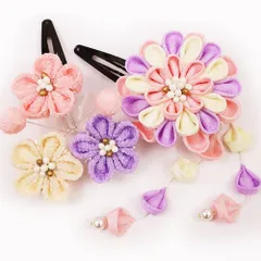 七五三 髪飾り 三歳 七歳 日本髪 つまみ細工 花 2個セット ピンク 薄紫 白 パッチン留め かんざし ちりめん ビラ お正月 髪型 No.9-4100