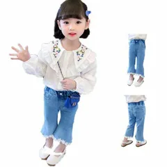 キッズ デニムパンツ 子ども服 女の子 おしゃれ デニムフレアパンツ 春秋 可愛い フラワーパンツ デニム ゆったり 九分丈 無地 ウエストゴム フレアパンツ デニム 普段着 通学着 子供服 シンプ#ljt0273