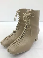 ◇ EVOL イーボル サイドジップ スクエアトゥ レースアップ ヒール ショート ブーツ サイズ 24.5 ベージュ レディース P  【1210030002953】