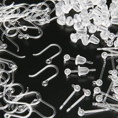 【人気商品】樹脂 フック パーツ 丸玉 カン付き ポスト シリコンキャッチ付き ピアス 金属アレルギー対応 クリア 2種100個 セット
