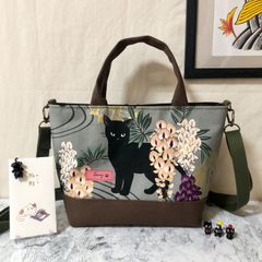 2WAY猫柄ミニトートバッグ 黒猫と藤の花 カーキ&ブラウン ハンドメイド メンズ レディース ハンドバッグ