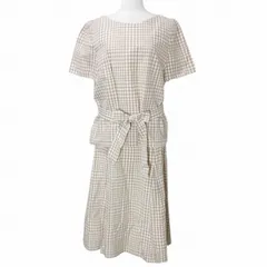 アリスバーリー Aylesbury 美品 セットアップ チェック シルク混 ブラウス プルオーバー 半袖 フレアスカート ひざ丈 リボンベルト付き 11 L相当 ベージュ ホワイト X