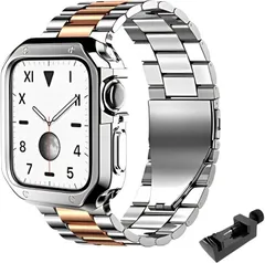 adzu 互換品Apple Watch互換品 ステンレス バンド 保護ケース付き アップルウォッチ用 メタル 腕時計 ベルト SE2 Ultra(シルバー x ブロンズ,  49mm)