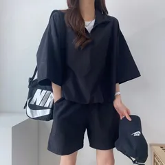 セットアップ レディース 夏服 半袖Tシャツ  ショートパンツ 上下セット ジャージ  ハーフジップ tシャツ  ハーフパンツ おしゃれ 無地 ゆったり haojiang37