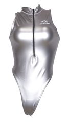 SWIMHXBY 競泳水着 レディース  フロントジップ エナメル調 シルバー 8-10XL Tバックモデル　水球　ウォーターポロ