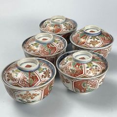 676 錦手　花　古伊万里　伊万里焼　骨董　アンティーク　飯茶碗　蓋茶碗　5客セット