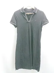 ◇ ⊂Φ TOMMY HILFIGER トミーヒルフィガー ワンポイント刺繍 ポロシャツ 半袖 膝丈 ワンピース サイズM ブラック レディース E  【1504240022772】