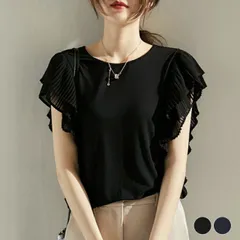 Tシャツ レディース トップス 夏 春 フリル ティアード プリーツ フレンチスリーブ 薄手 半袖 無地 シフォン エレガント オフィス 通勤 黒 ブラック ネイビー 韓国