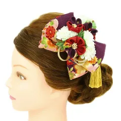 髪飾り リボン 卒業式 袴 成人式 つまみ細工 赤 振袖 前撮り 紫 ゴールド 白 ちりめん 組紐 房 房付き 和柄 かんざし 日本製 No.9-2964