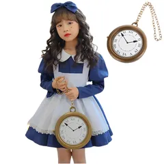 新品 [R-Dream] アリス コスプレ 子供 時計付き 女の子 キッズ 不思議の国 コスチューム 衣装 小道具 メイド服 ワンピース ドレス エプロン 可愛い ハロウィン 仮装 イースター ブルー