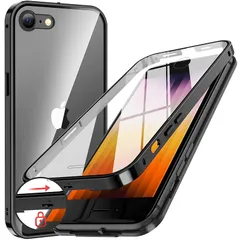 NIANGUO【ロック機能付き・自動ポップアップボタン】 iPhone SE3 用 ケース 第3世代 2022 iPhone SE2・8・7 用 ケース クリア【両面強化ガラス】 9H硬度 全面保護 アルミバンパーケース メタルフレーム 耐衝撃 傷防止 高 1