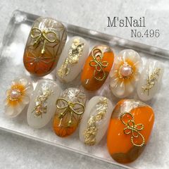 ネイルチップ 成人式 振袖 和柄 和柄 着物 ニュアンス グラデーション 花 フラワー ぷっくりフラワー オレンジ