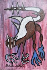 Akihiko Mihara, a Salon d'Automne award-winning artist [KODAIRYU], oil painting, small piece, art, interior, colorful, stylish, original, contemporary art, art, SM size, brown drawing, dinosaur, dragon, monster, purple, oil painting artwork