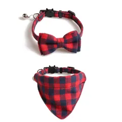 特価商品 Tibemi 2枚セット 猫首輪 鈴付き 三角形のスカーフ 猫 首輪 リボン チェック柄 猫の首輪 おしゃれ 蝶結び飾り 軽量 調節可能 食事用 お散歩用 ペット誕生日 プレゼント 赤