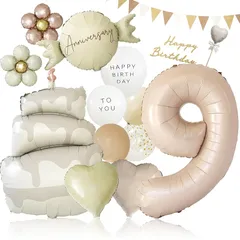 【新品】 deerzon くすみベージュ 9歳 くすみカラー 数字 バルーン 誕生日 飾り付け 18点 セット 大きい 65cm 数字バルーン くすみ ニュアンスカラー バースデーバルーン セット9 0