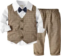 しあわせ倉庫 キッズ フォーマル 男の子 スーツ 4点セット おしゃれ 子供服 120cm(ブラウン+ホワイト,  120)