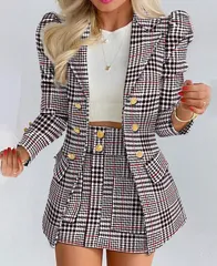 【ブラック格子】ジャケット セットアップ ツイード ブレザー ショート丈 花柄 チェック柄 ジャケット スカート 長袖 パッド入り 韓国風 大人カジュアル