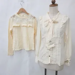 アクシーズファム axes femme アースミュージックアンドエコロジー EARTH MUSIC ECOLOGY ブラウス カットソー 2枚セット 長袖 ボウタイ 丸首 フリル レース 黄 イエロー M